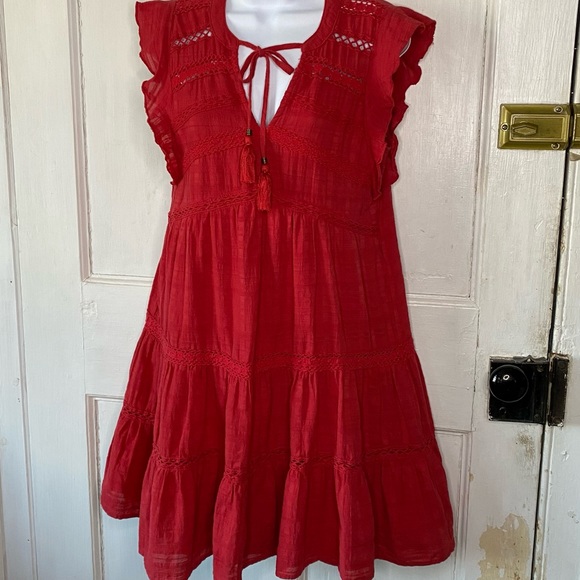 Knox Rose Red Tiered Boho Crochet Lace Baby Doll Mini Dress - Picture 2 of 14